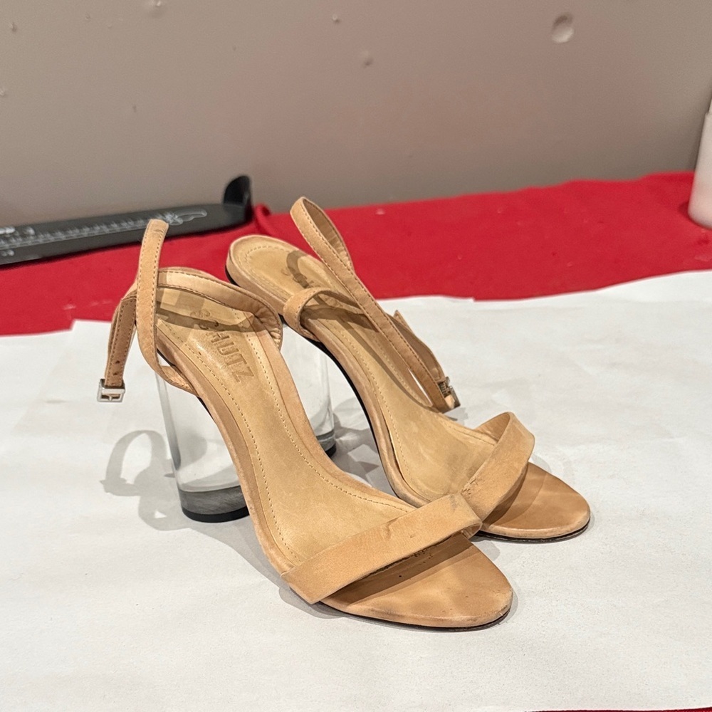 SCHUTZ Tan Heels with Clear Block Design